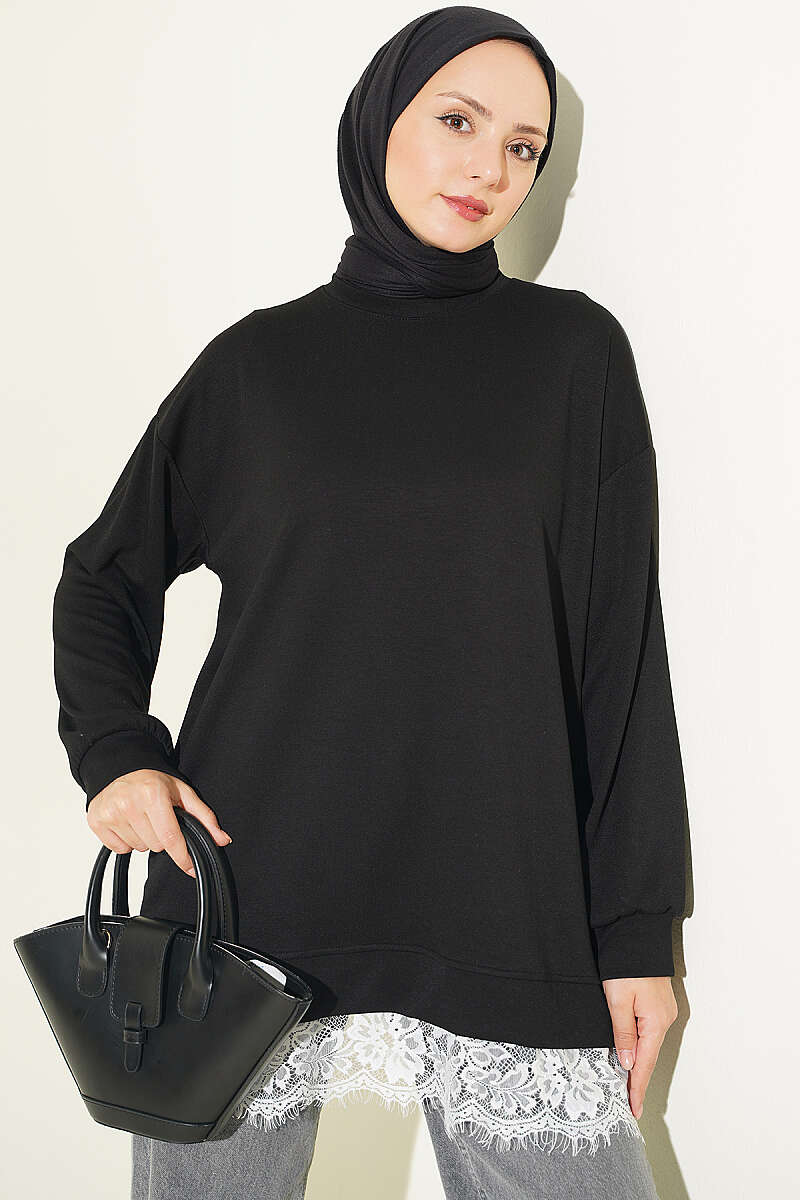 Crew-Neck Tunic with Lace Hem - Black