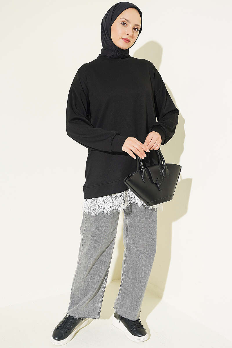 Crew-Neck Tunic with Lace Hem - Black