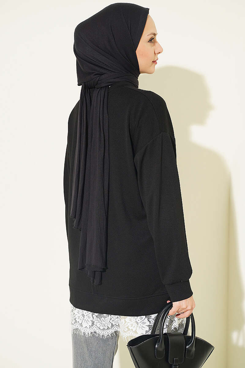 Crew-Neck Tunic with Lace Hem - Black