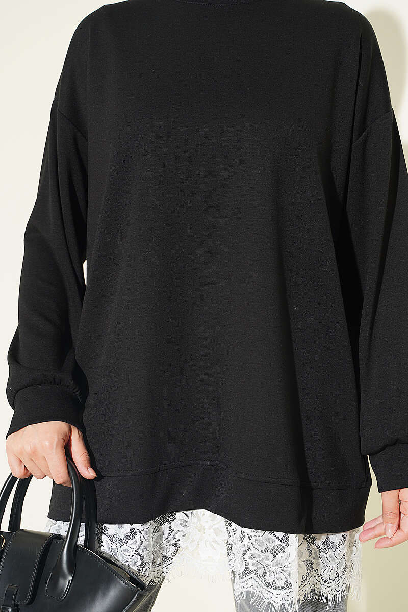 Crew-Neck Tunic with Lace Hem - Black