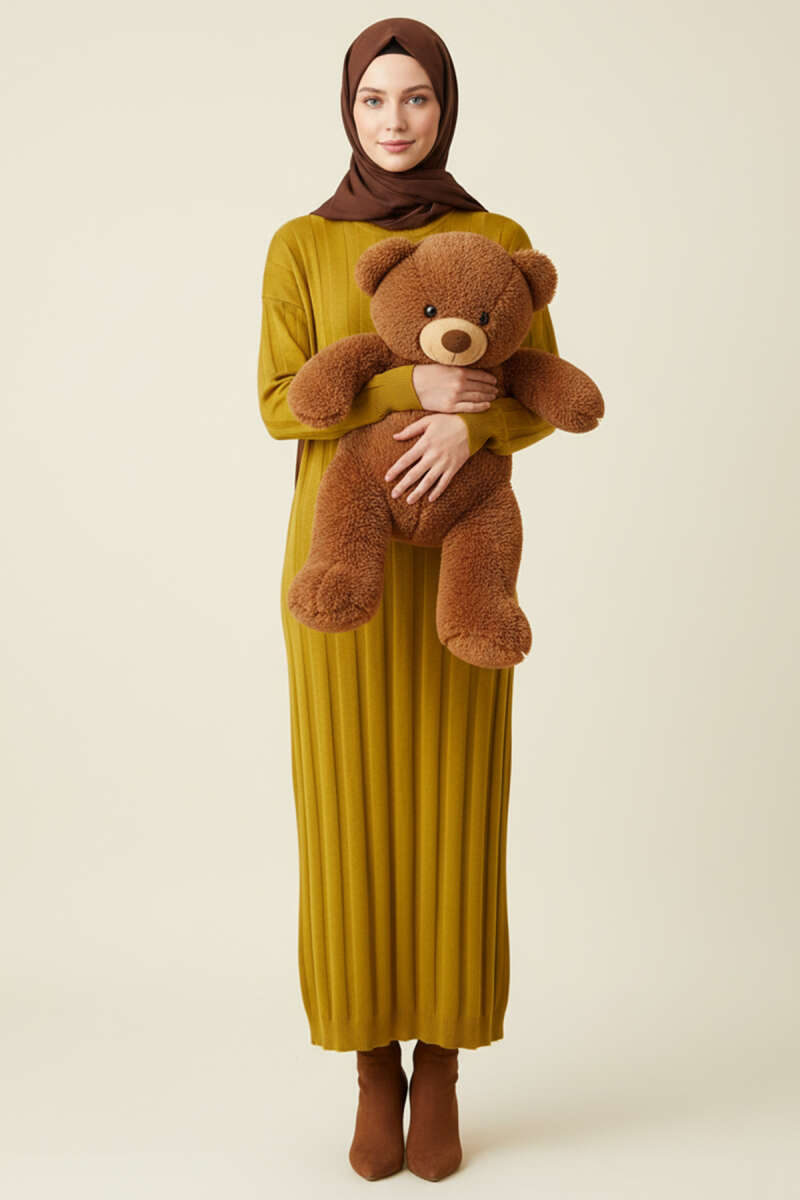 Crew-Neck Ribbed Knit Dress - Olive