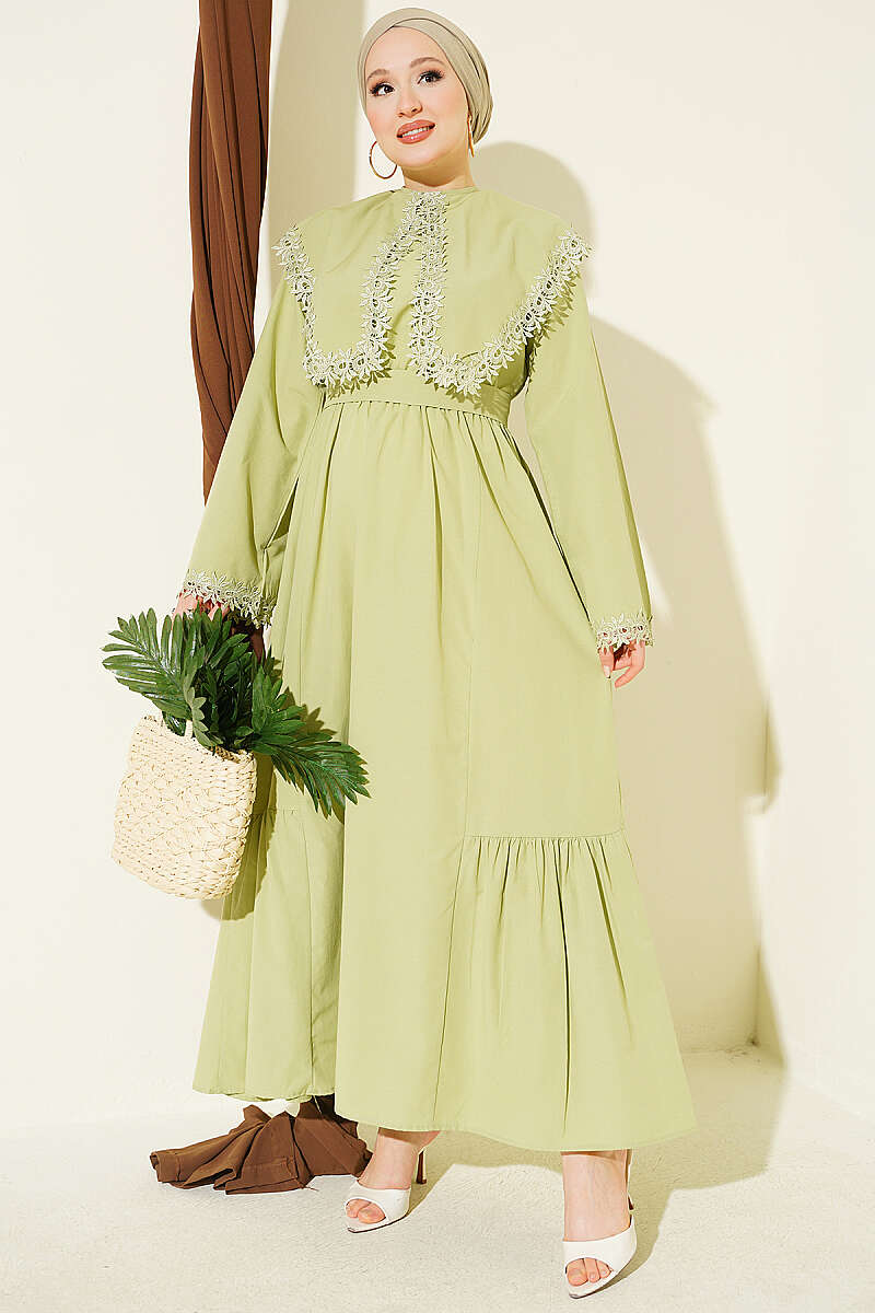 Crew-Neck Dress with Guipure Detail - Almond Green