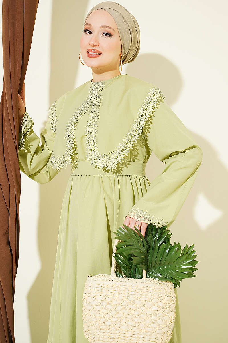 Crew-Neck Dress with Guipure Detail - Almond Green