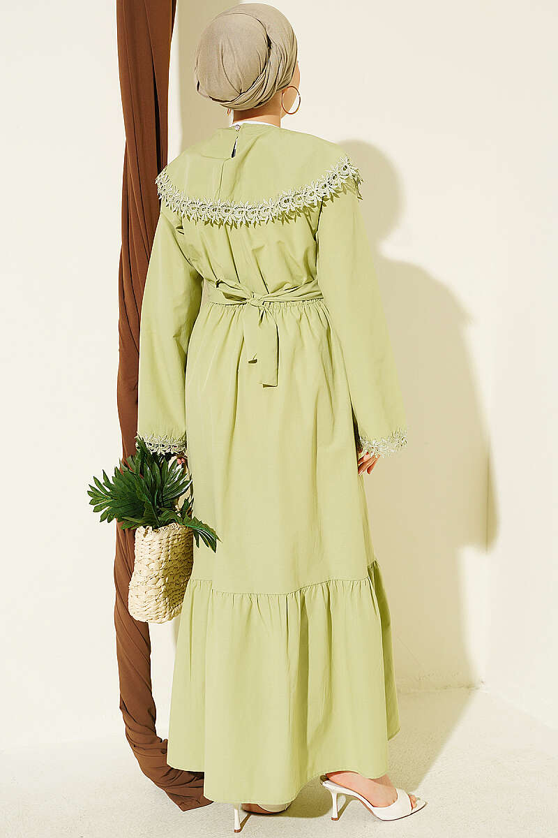 Crew-Neck Dress with Guipure Detail - Almond Green