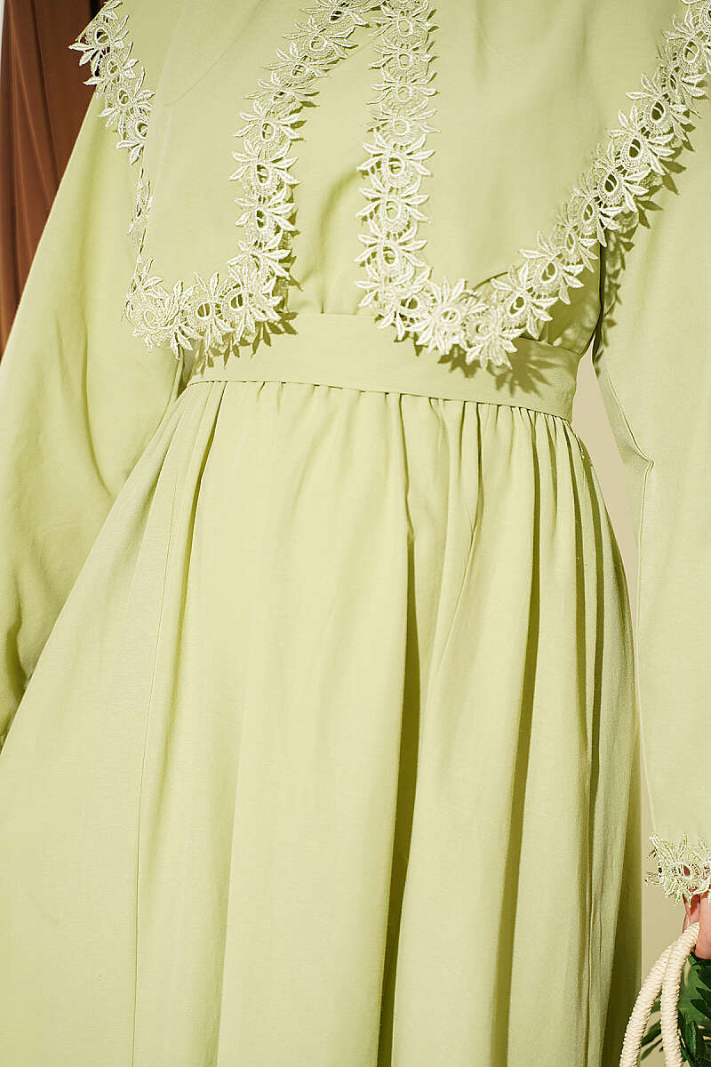 Crew-Neck Dress with Guipure Detail - Almond Green