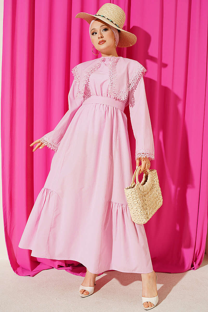 Crew-Neck Dress with Guipure Detail - Pink