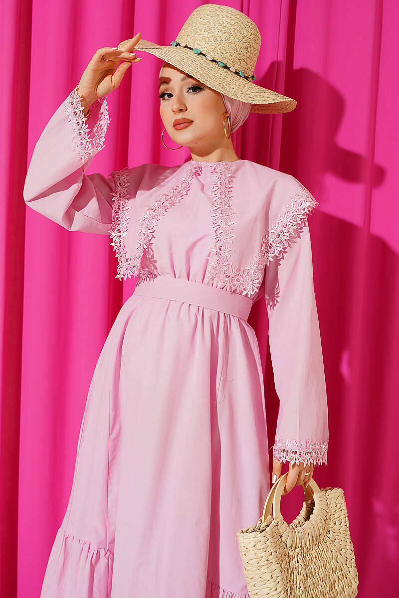 Crew-Neck Dress with Guipure Detail - Pink