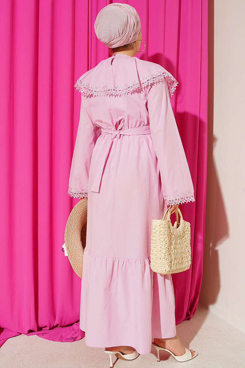 Crew-Neck Dress with Guipure Detail - Pink