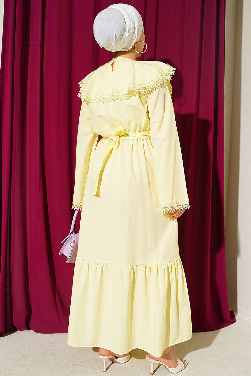 Crew-Neck Dress with Guipure Detail - Yellow