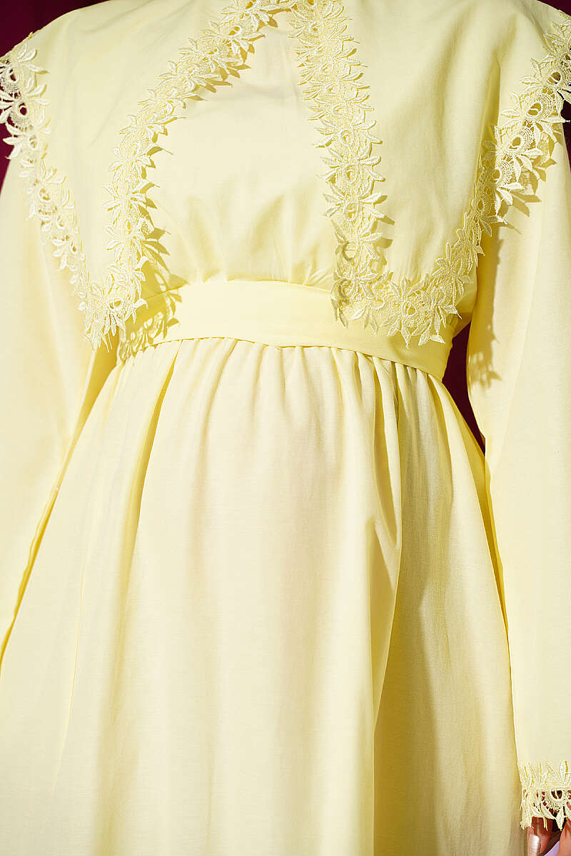 Crew-Neck Dress with Guipure Detail - Yellow