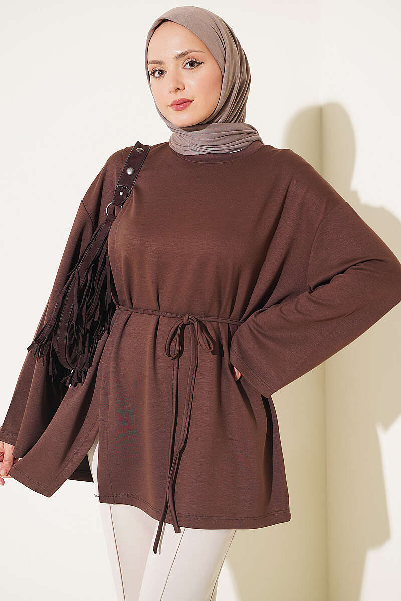 Crew-Neck Jersey Tunic with Tie Cord - Brown