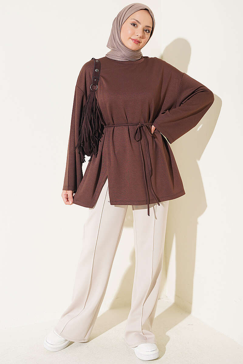 Crew-Neck Jersey Tunic with Tie Cord - Brown