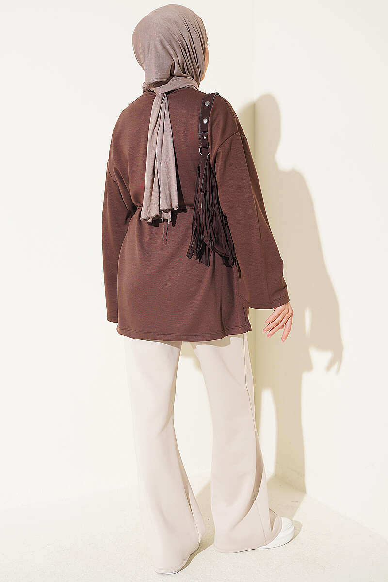 Crew-Neck Jersey Tunic with Tie Cord - Brown