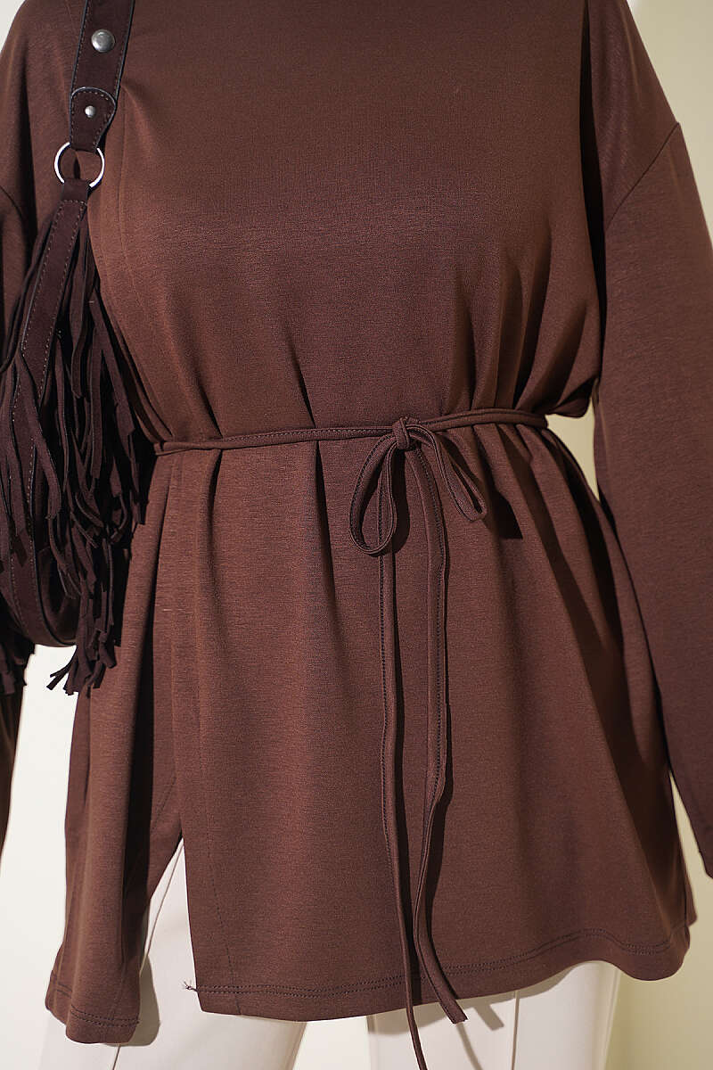 Crew-Neck Jersey Tunic with Tie Cord - Brown