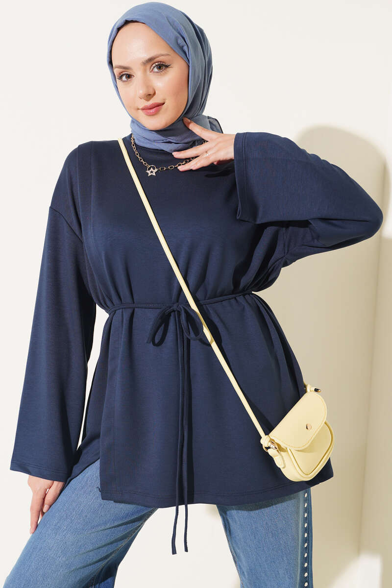 Crew-Neck Jersey Tunic with Tie Cord - Navy