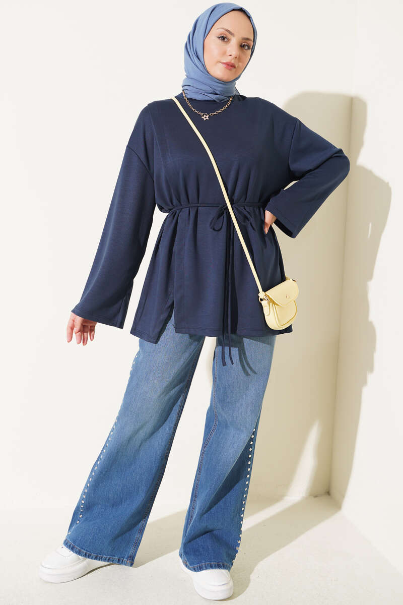 Crew-Neck Jersey Tunic with Tie Cord - Navy
