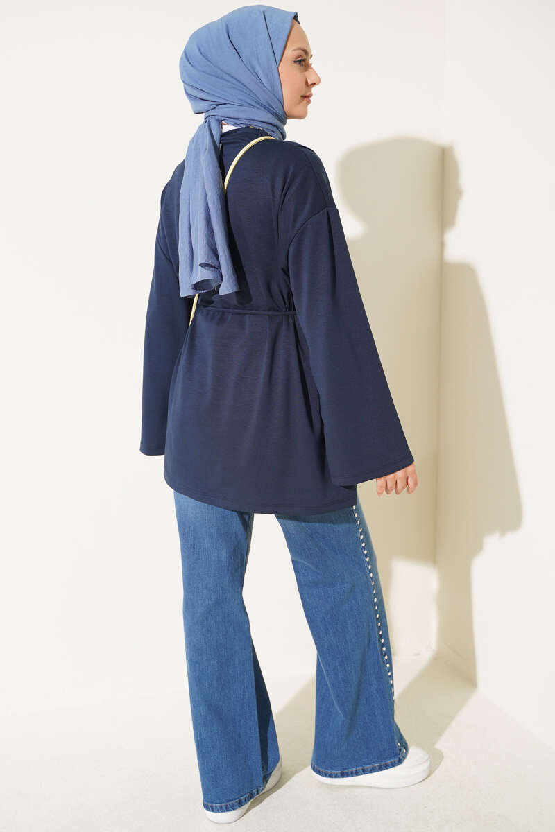 Crew-Neck Jersey Tunic with Tie Cord - Navy