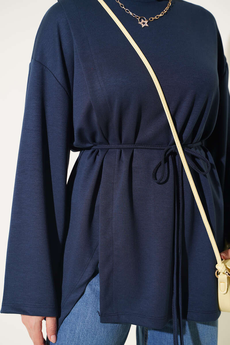 Crew-Neck Jersey Tunic with Tie Cord - Navy