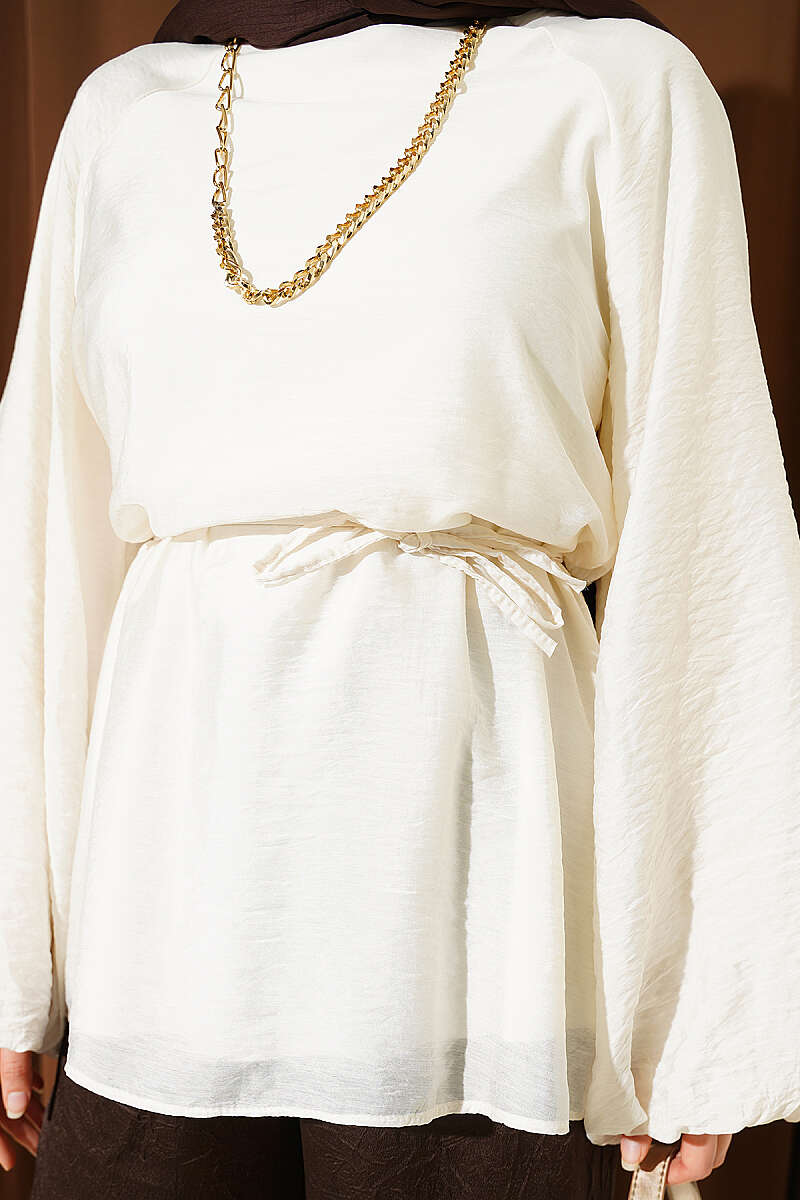 Crew-Neck Tunic with Tie Cords - Ecru