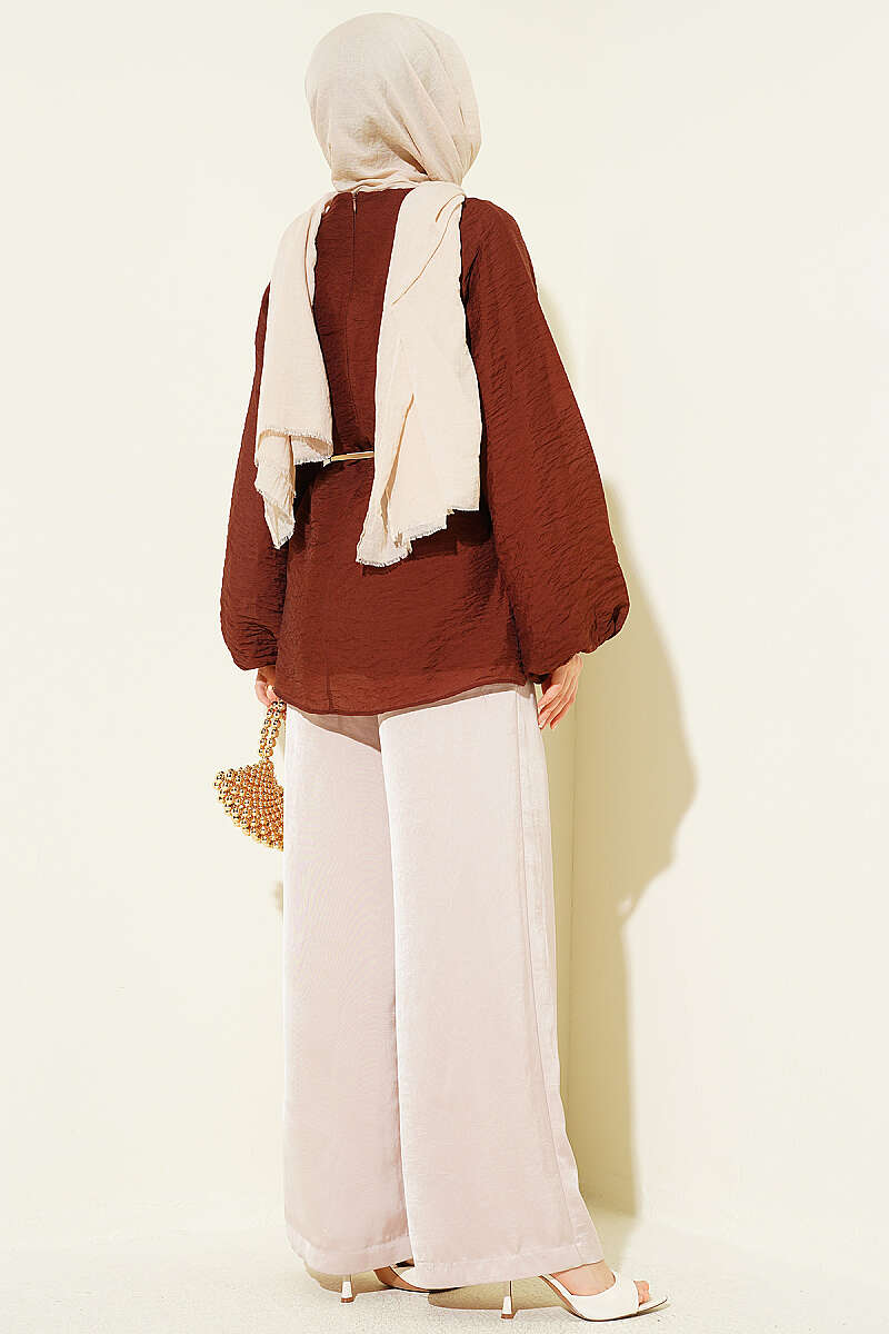 Crew-Neck Tunic with Tie Cords - Brown