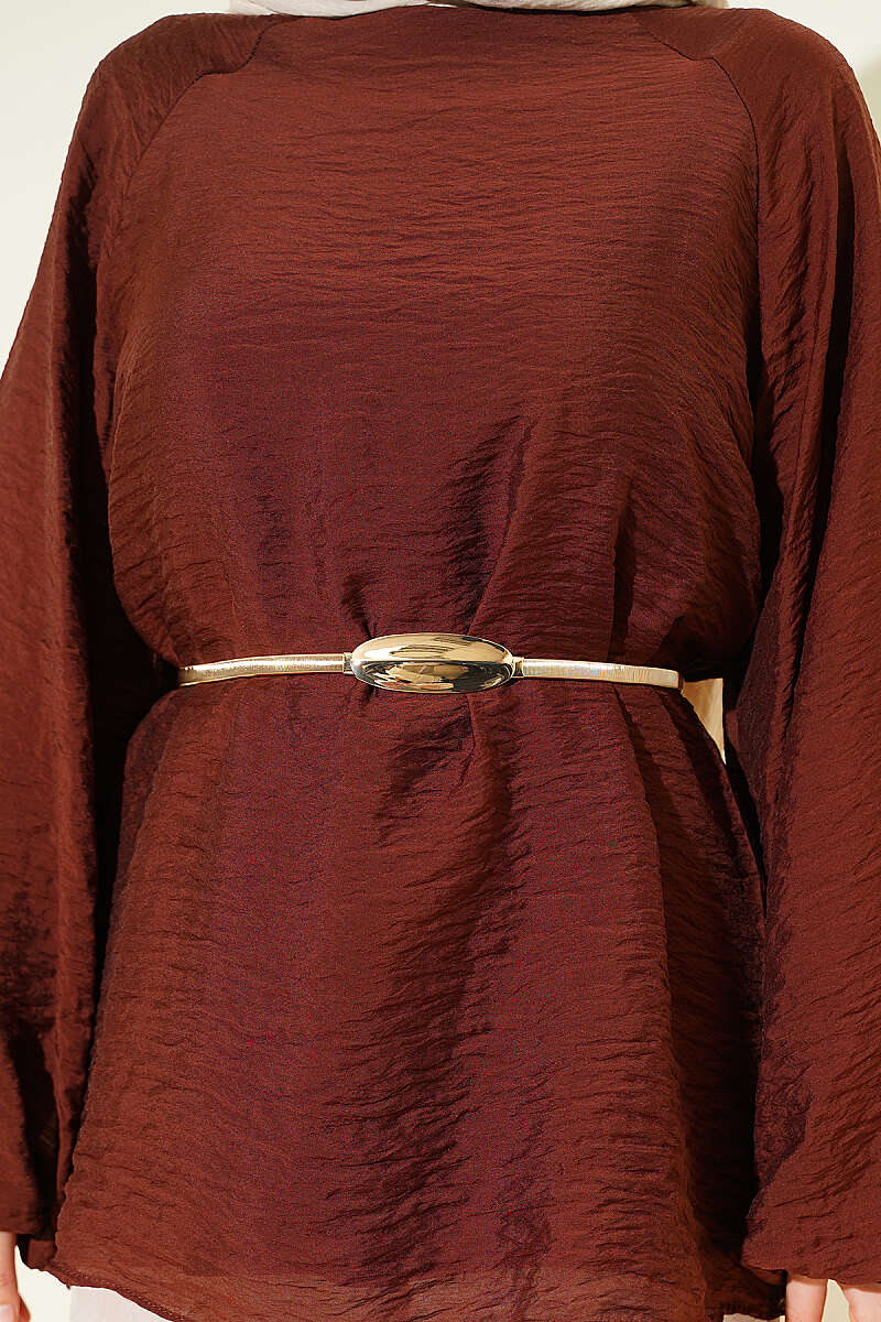 Crew-Neck Tunic with Tie Cords - Brown