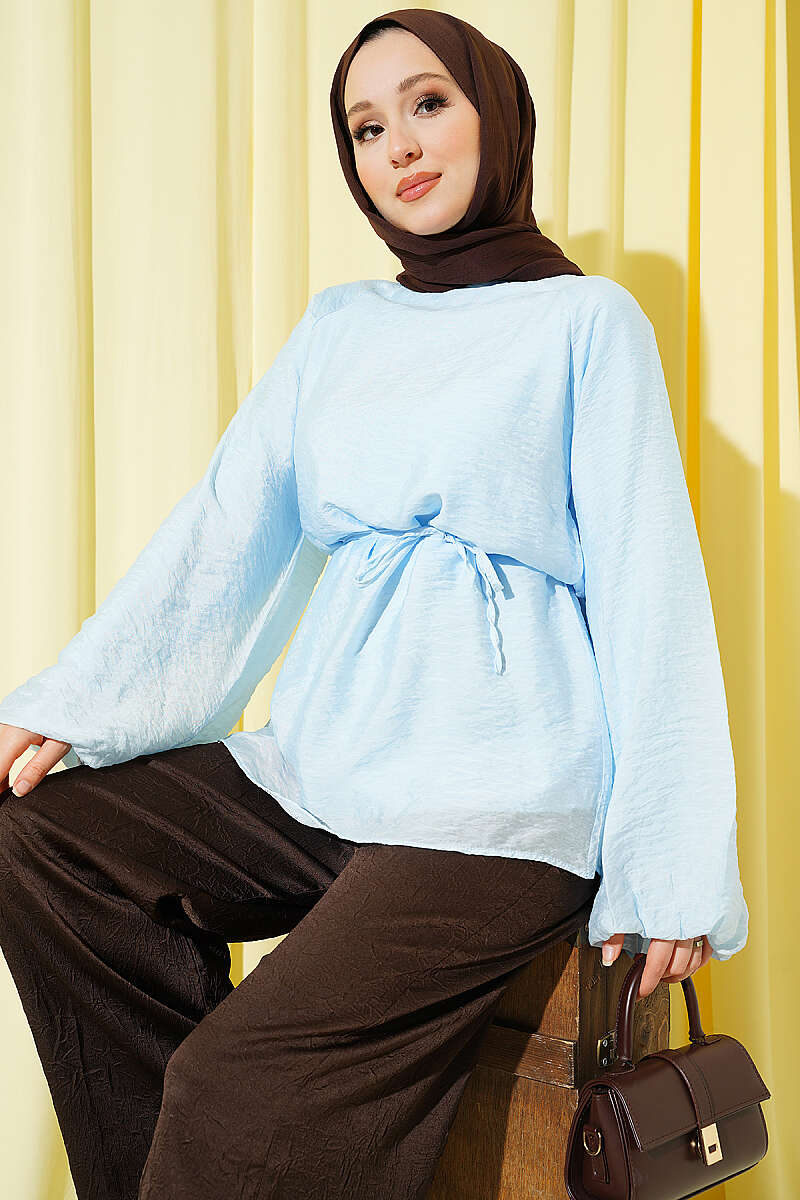 Crew-Neck Tunic with Tie Cords - Blue