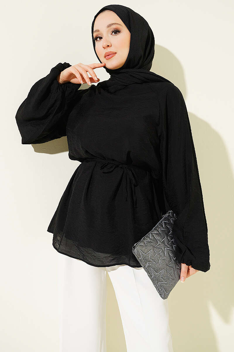 Crew-Neck Tunic with Tie Cords - Black