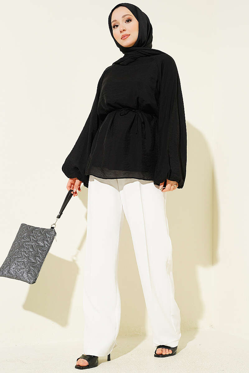Crew-Neck Tunic with Tie Cords - Black