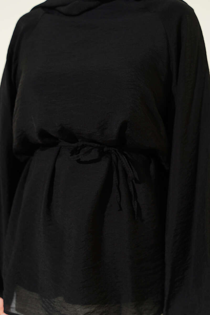 Crew-Neck Tunic with Tie Cords - Black
