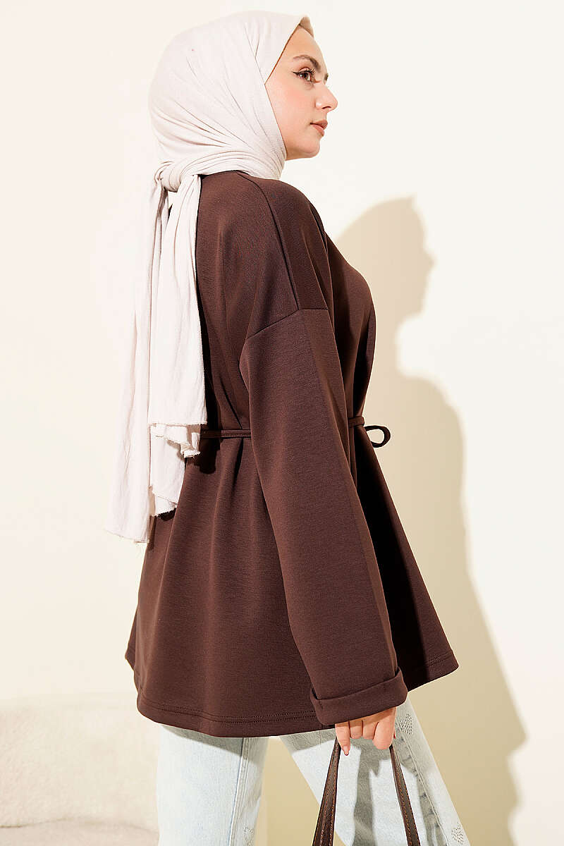 Crew-Neck Tunic with Tie Belt - Brown