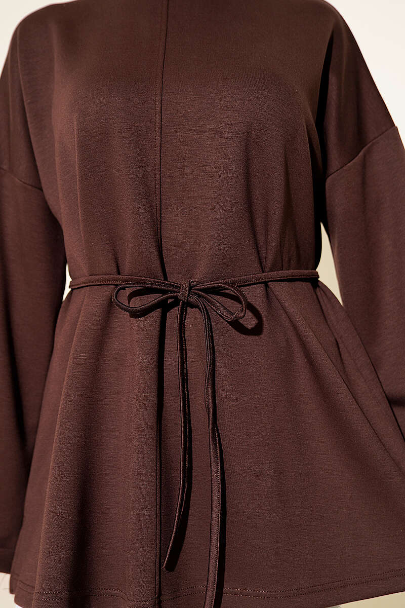 Crew-Neck Tunic with Tie Belt - Brown