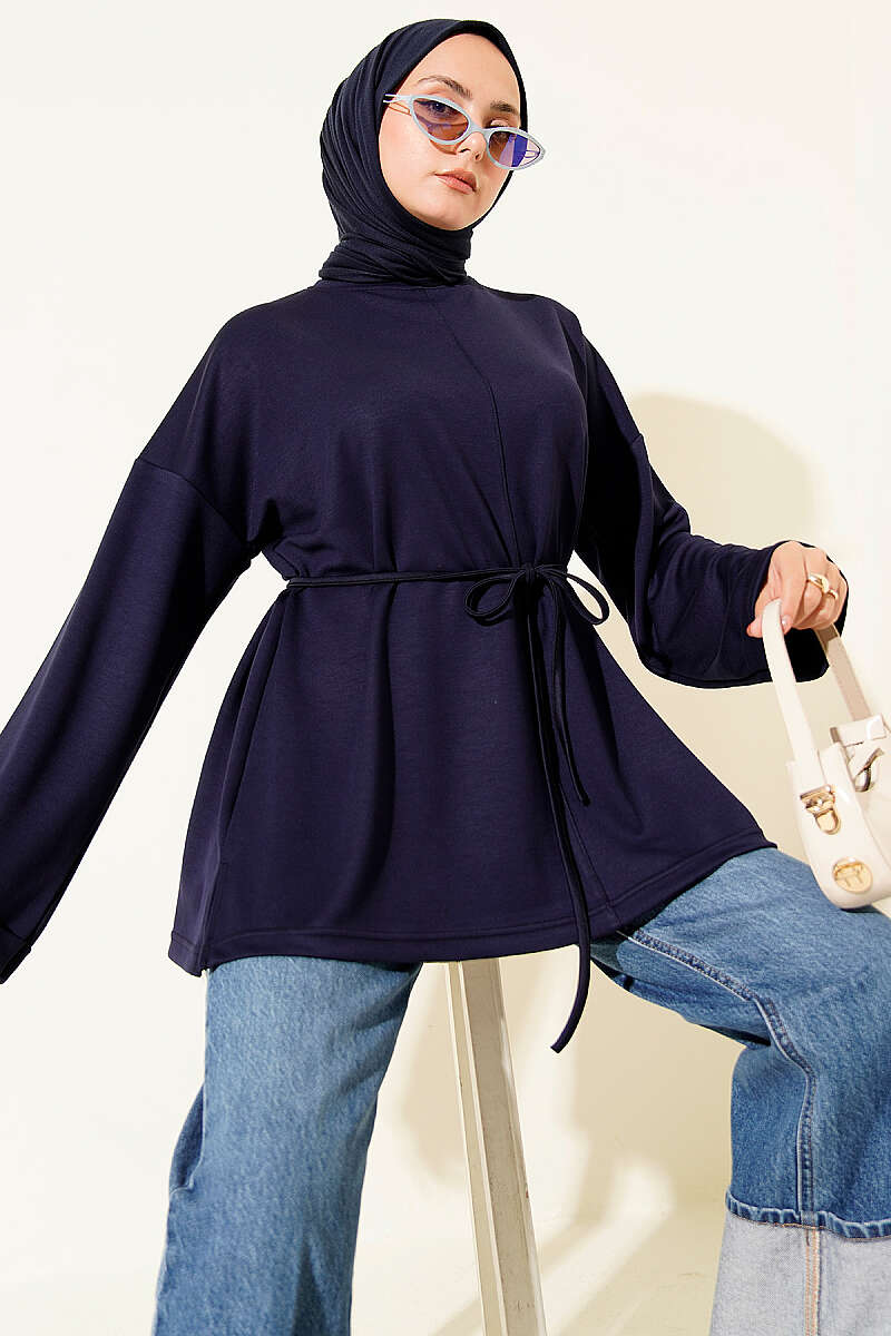 Crew-Neck Tunic with Tie Belt - Parliament Blue