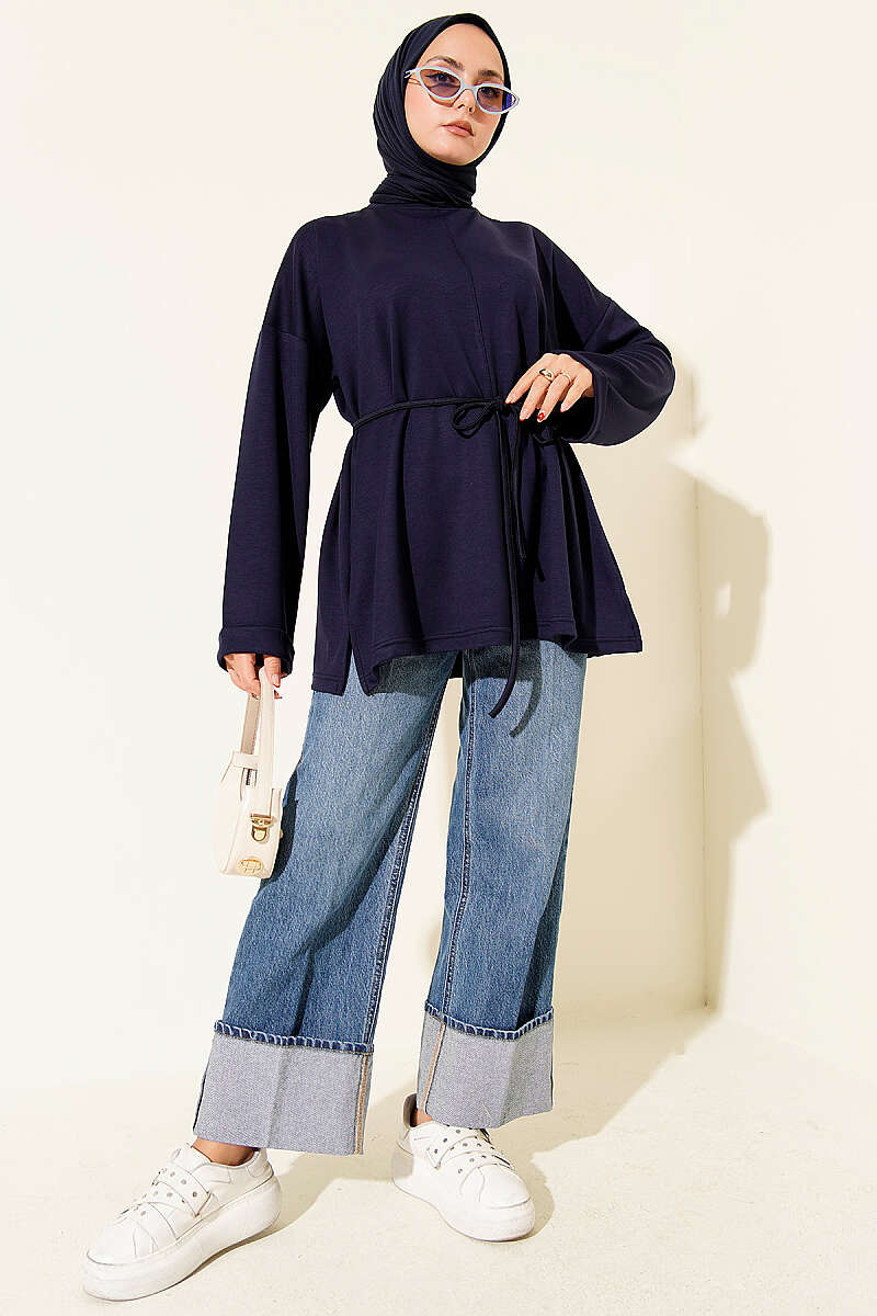 Crew-Neck Tunic with Tie Belt - Parliament Blue