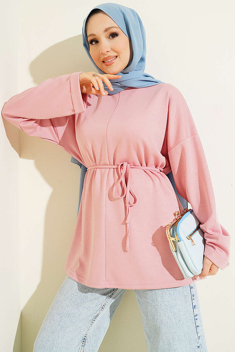 Crew-Neck Tunic with Tie Belt - Powder