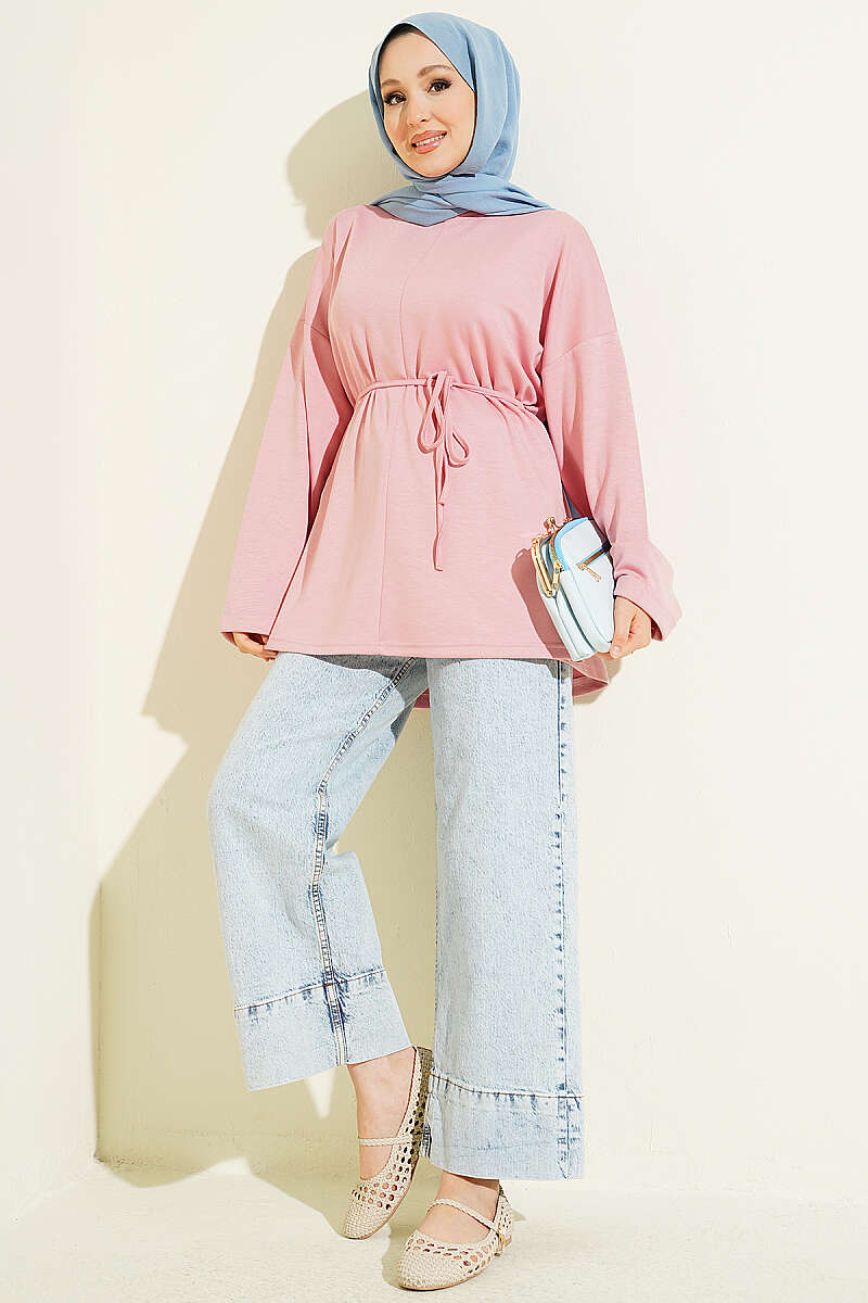 Crew-Neck Tunic with Tie Belt - Powder