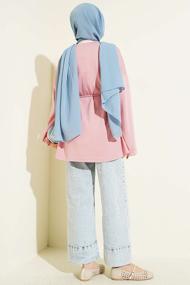 Crew-Neck Tunic with Tie Belt - Powder