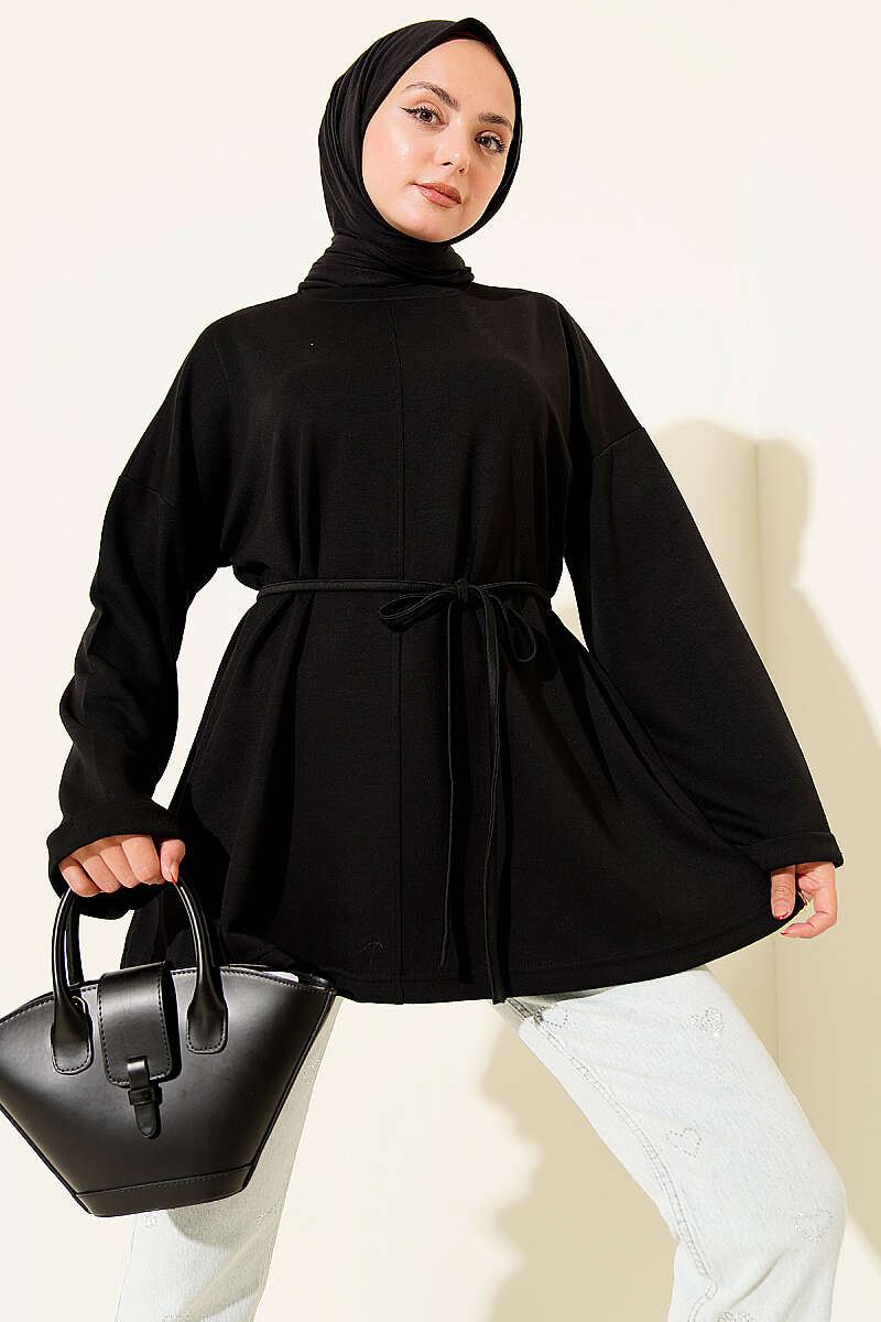 Crew-Neck Tunic with Tie Belt - Black