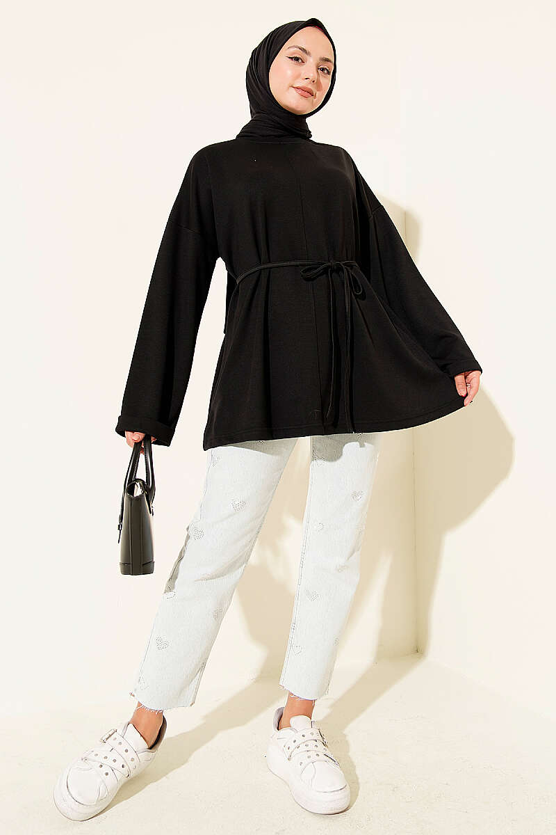 Crew-Neck Tunic with Tie Belt - Black