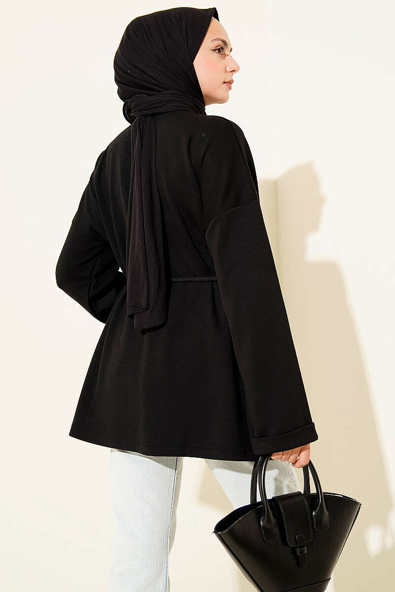 Crew-Neck Tunic with Tie Belt - Black