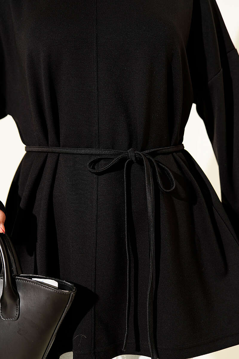 Crew-Neck Tunic with Tie Belt - Black