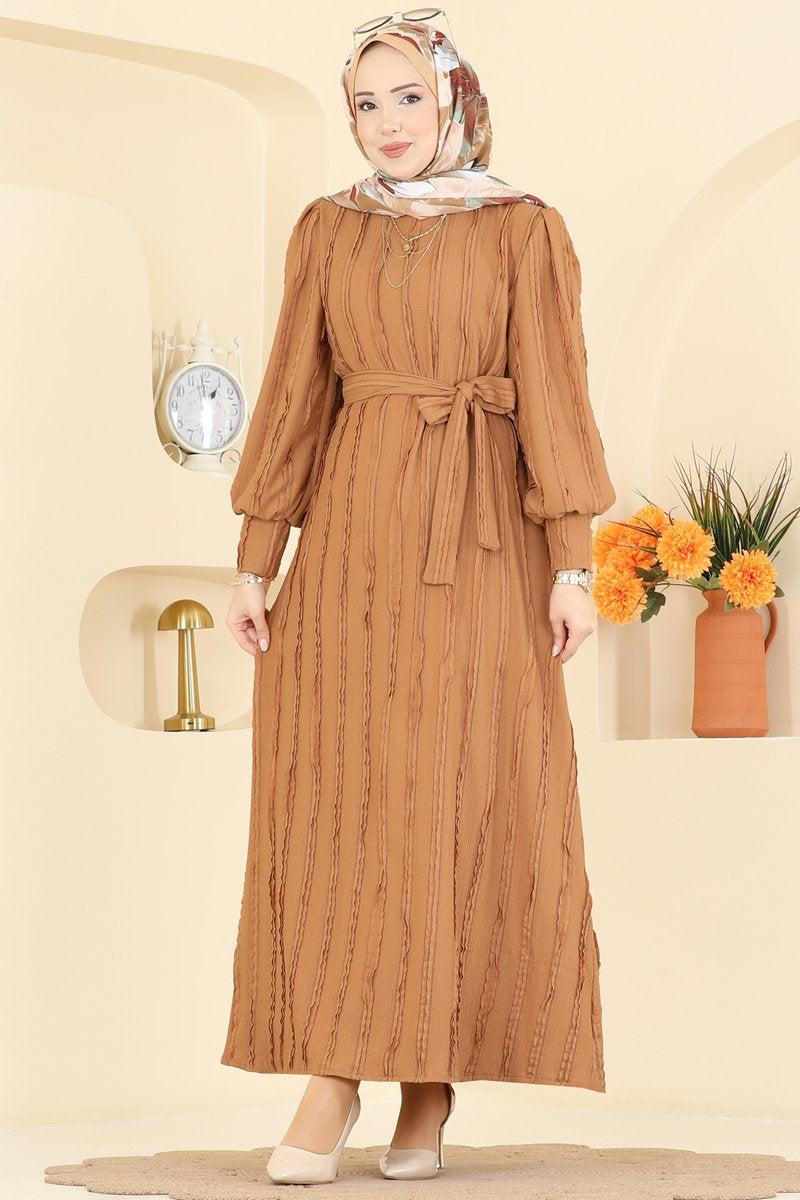 Belted Crew-Neck Amazon Knit Dress - Latte