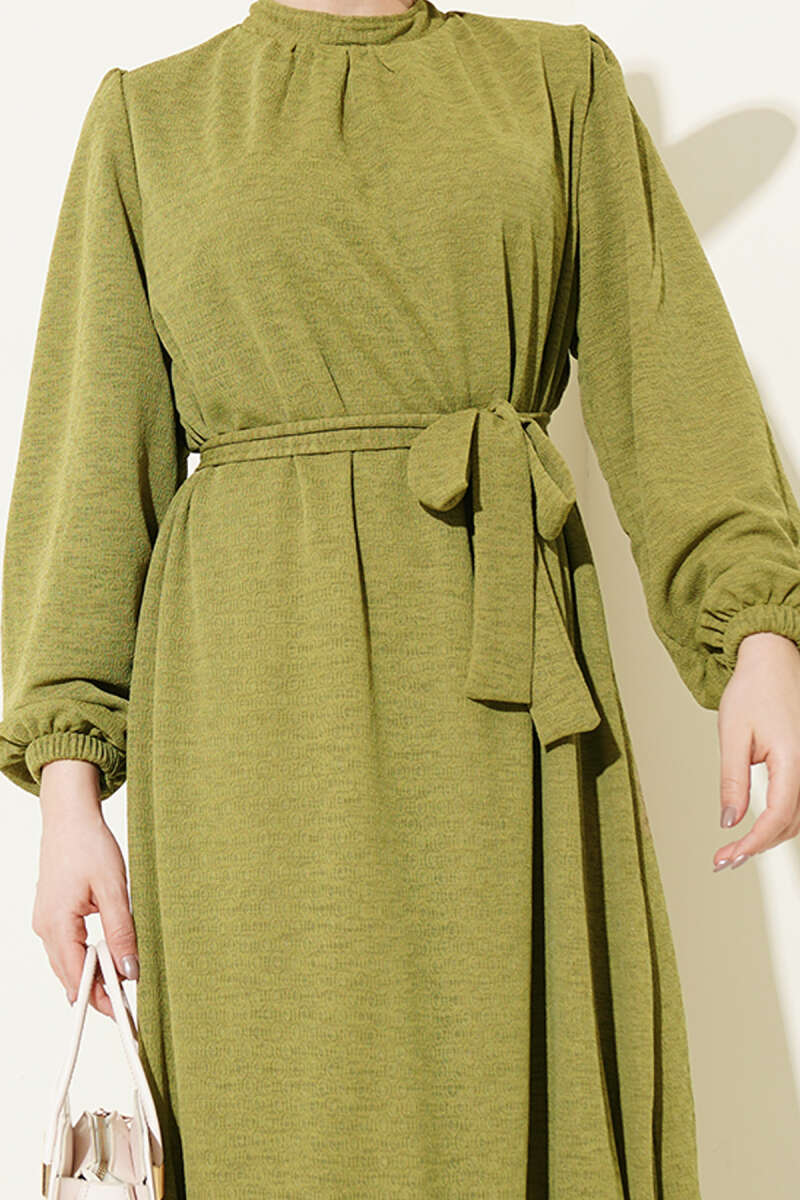 Crew-Neck Dress with Elastic Sleeves - Olive