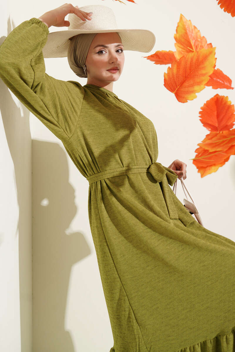 Crew-Neck Dress with Elastic Sleeves - Olive