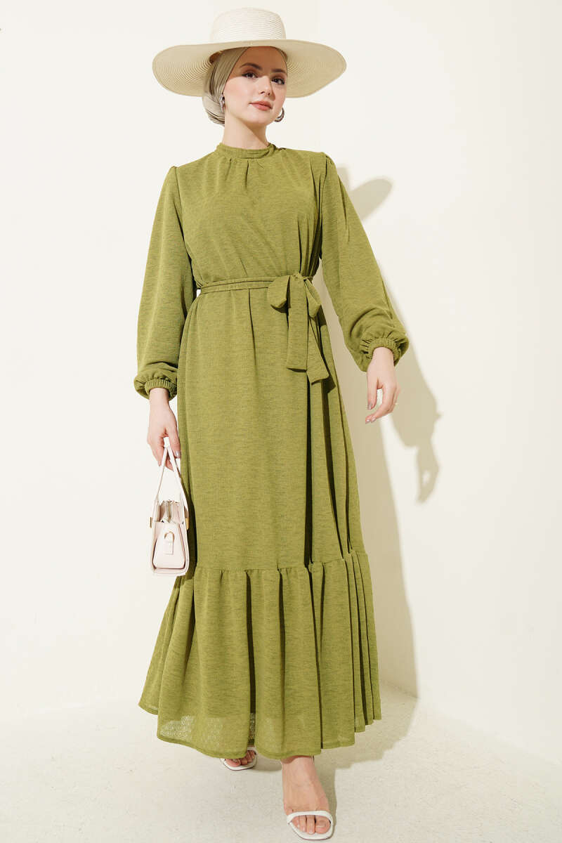 Crew-Neck Dress with Elastic Sleeves - Olive