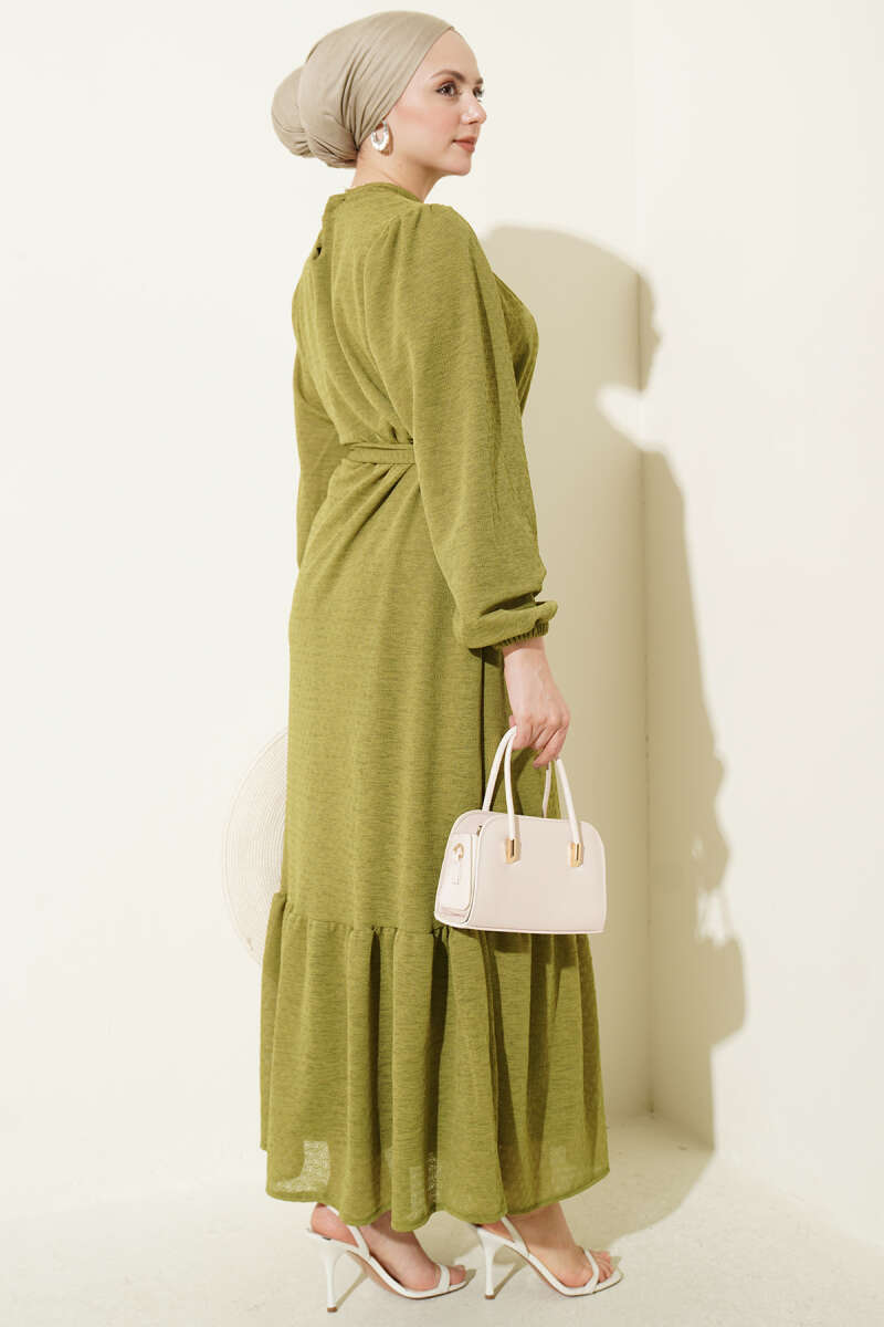 Crew-Neck Dress with Elastic Sleeves - Olive