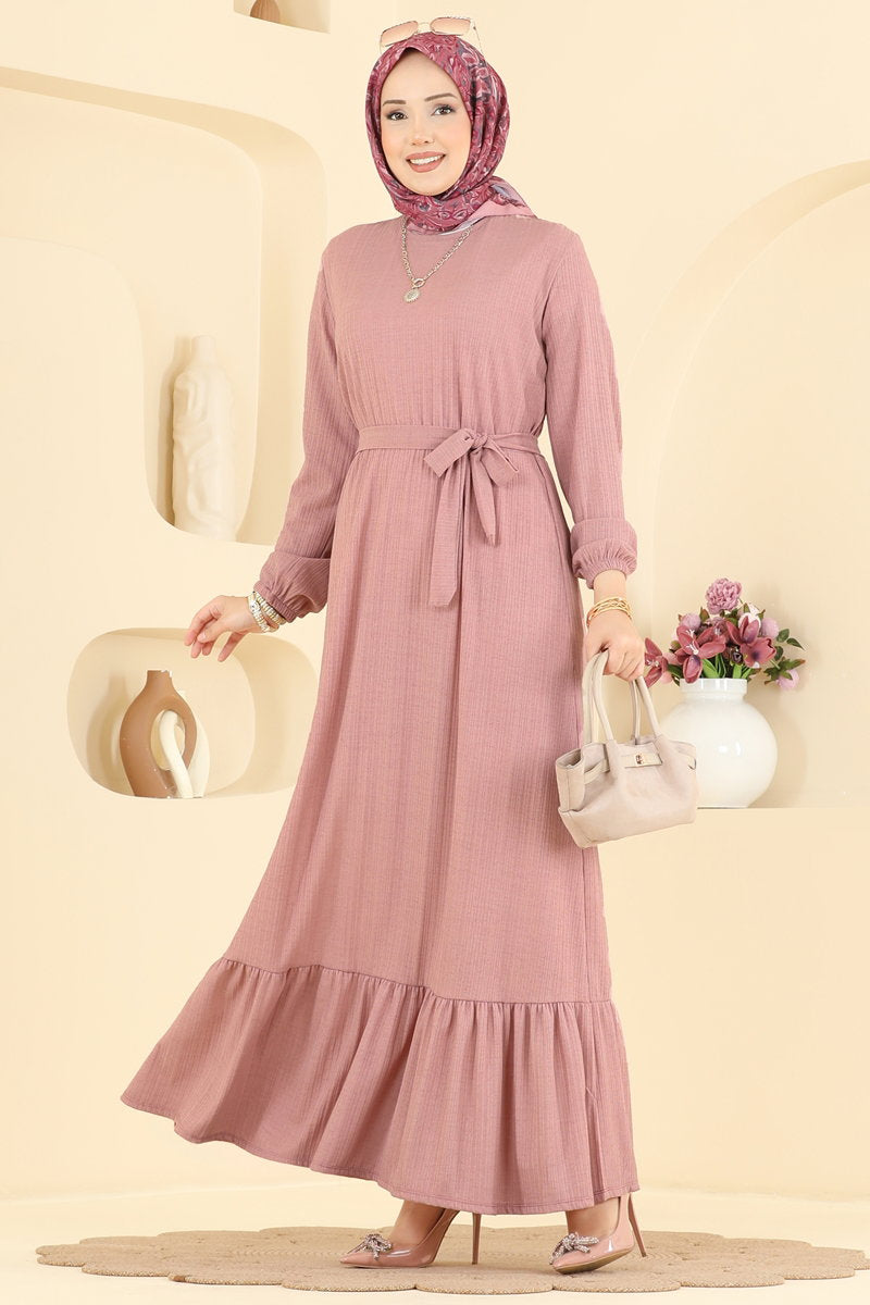 Crew-Neck Crepe Dress with Sash - Powder