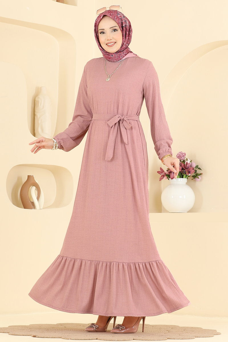 Crew-Neck Crepe Dress with Sash - Powder