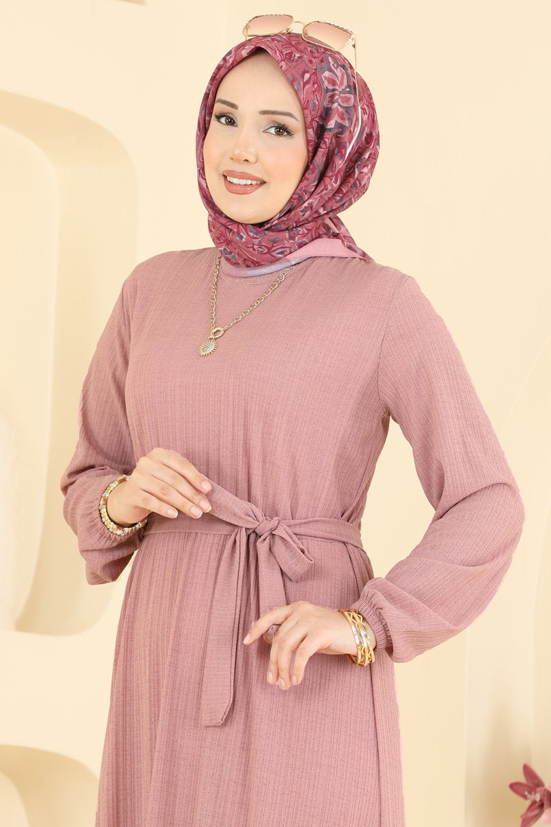 Crew-Neck Crepe Dress with Sash - Powder