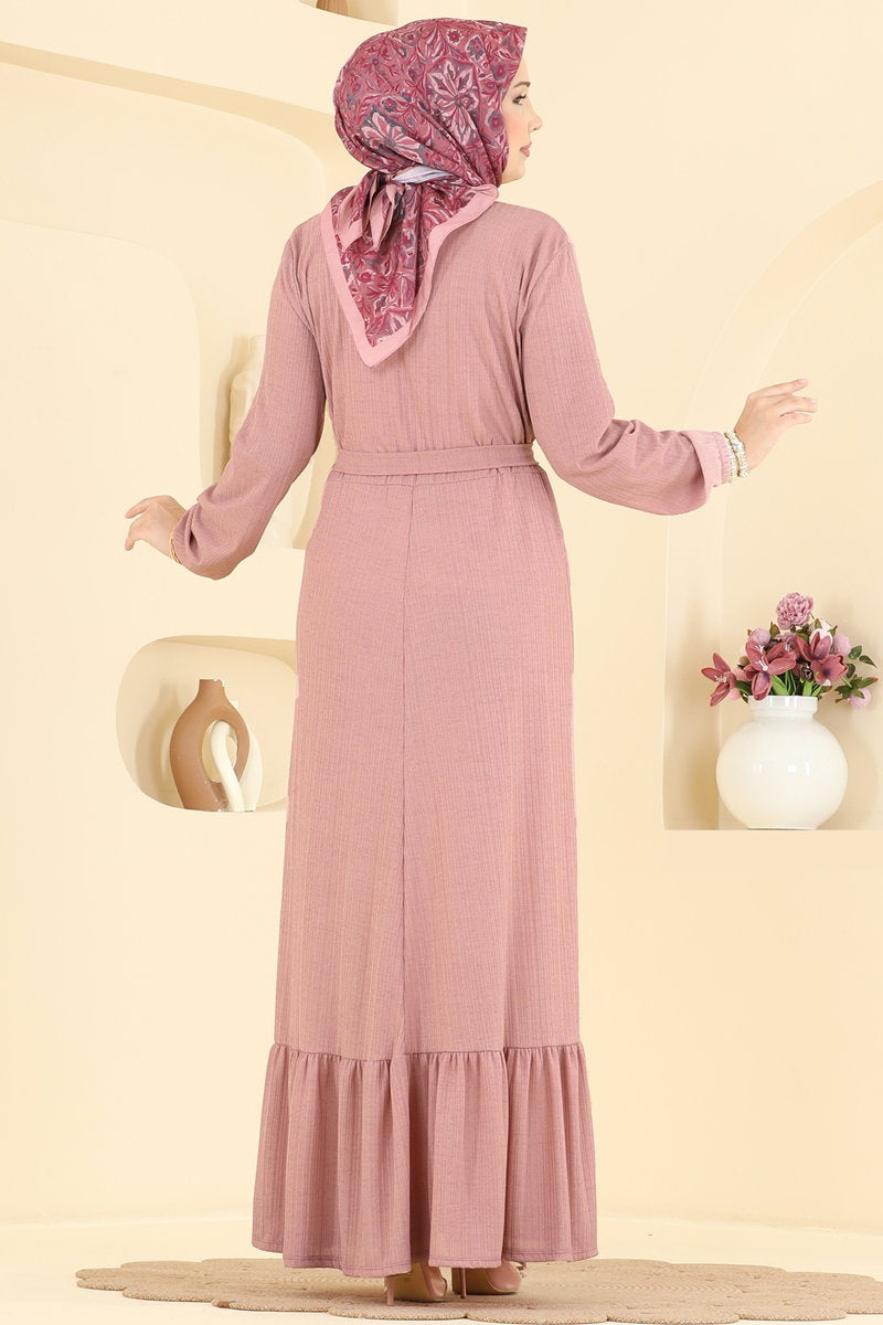 Crew-Neck Crepe Dress with Sash - Powder