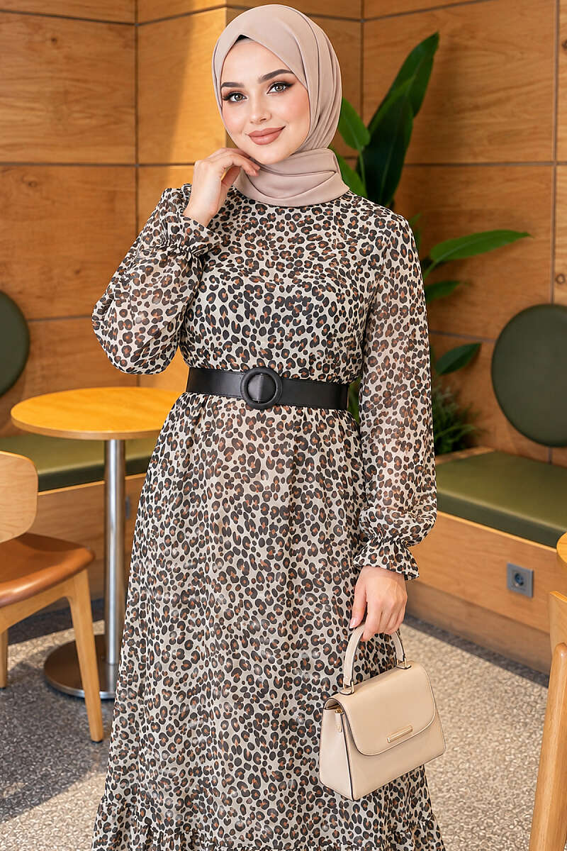Leopard Print Crew-Neck Dress - Ecru